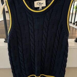 Anthropologie Navy Cable Knit Sleeveless Sweater with Yellow Trim